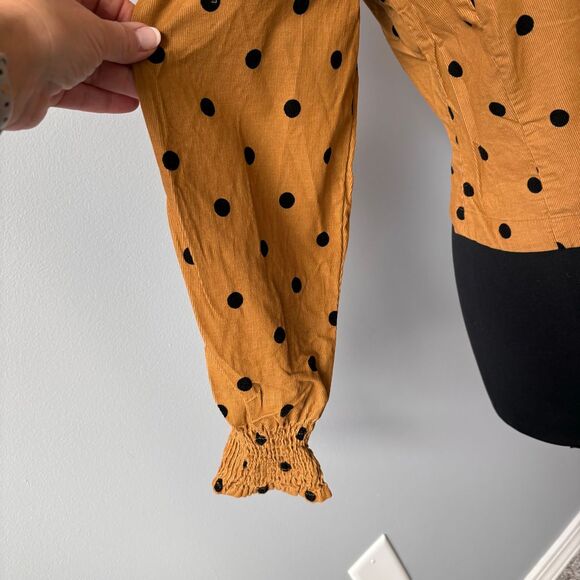 Madewell Corduroy Polka Dot Puff Sleeve Button-Up Top in Caramel Size 6 - Picture 4 of 9